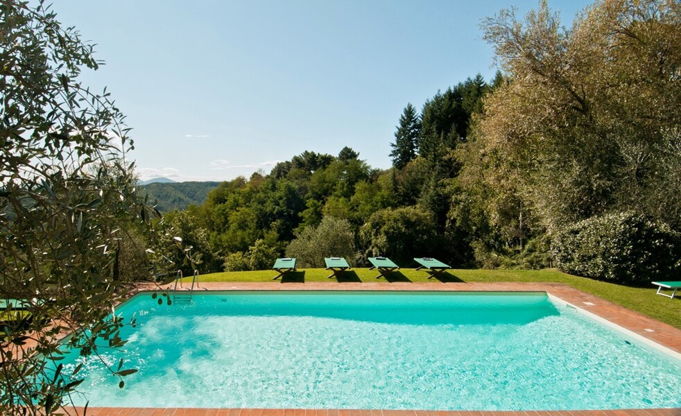 Privater Pool und Blick auf den Wald im Ferienhaus in Lucca