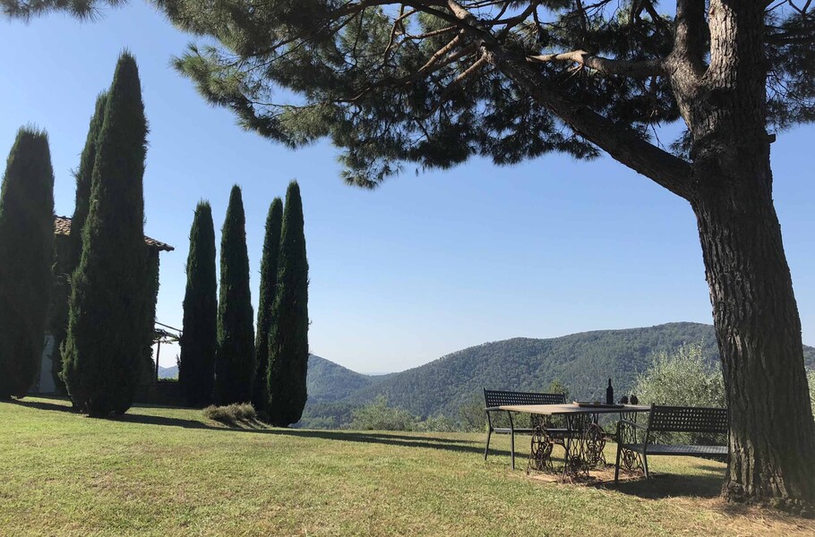 Gemütlicher kleiner Sitzbereich unter einem Baum im Garten der Ferienvilla Die Küche mit Essbereich mit Platz für 6 Personen in der Ferienvilla Compignano Barn